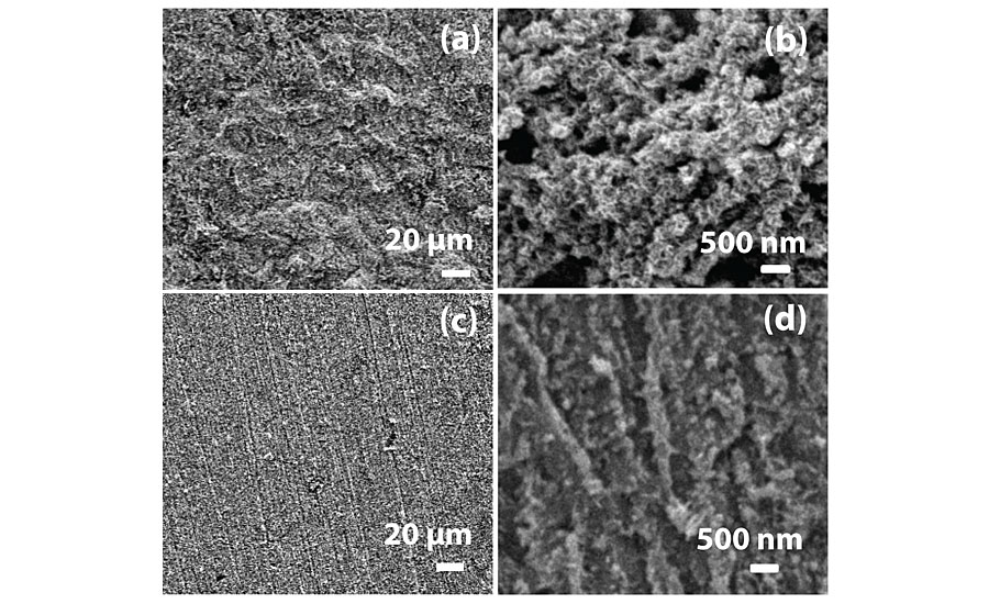 SEM images of uninhibited (a-b), and inhibited mild steel panels (c-d).