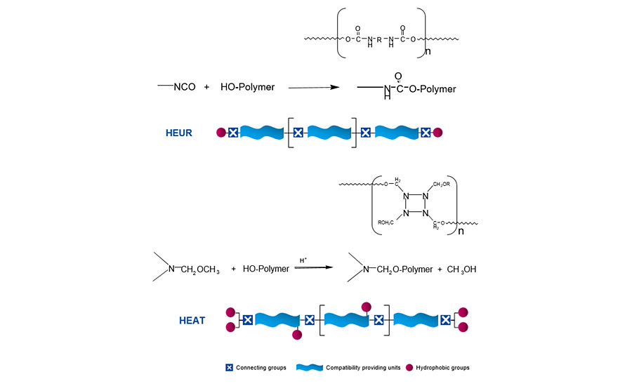 With the HEAT (Hydrophobic Ethoxylated Aminoplast Technology) associative thickeners, the hydrophobes are not necessarily located at the ends of the polymer. With most HEUR (Hydrophobic Ethoxylated Urethane) associative thickeners, the hydrophobes are located at the ends of the polymer and are usually linear in nature.