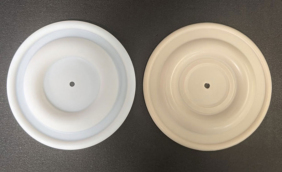 PTFE (left) and Santoprene (right) diaphragms.