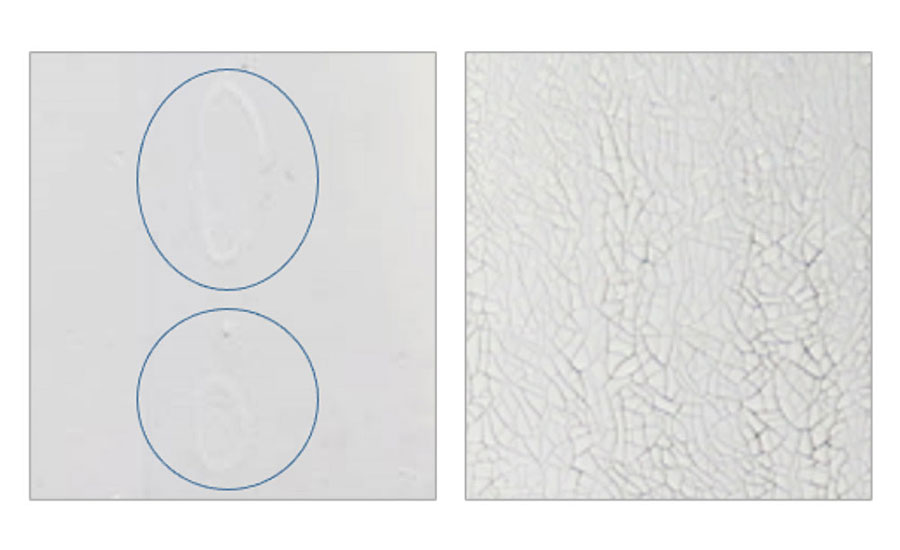 Surface defects of water-based (right) and solvent-based (left) paints.
