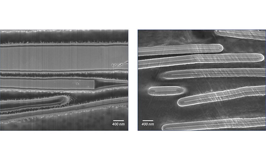 Cross-section through conventional metal interference pigments (left) and through the new generation based on UTP-Technology (right).