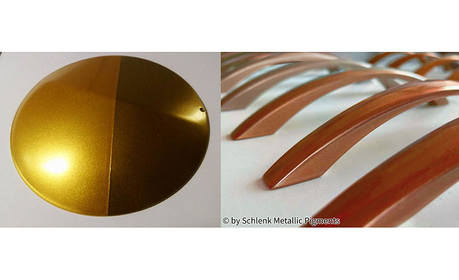 Powder coating application. Left: Comparison of ultra-thin pigment technology (5%, dry blend, left) vs. mica-based pearlescent technology (16%, bonded, right). Right: Chromatic stylings on door handles using pigments based on ultra-thin pigment technology.