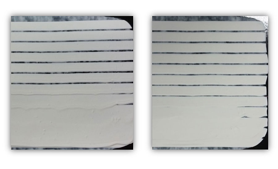 Anti-sagging behavior. Left: Control formulation; Right: Valida-based paint. Internal test method based on ASTM D4400.