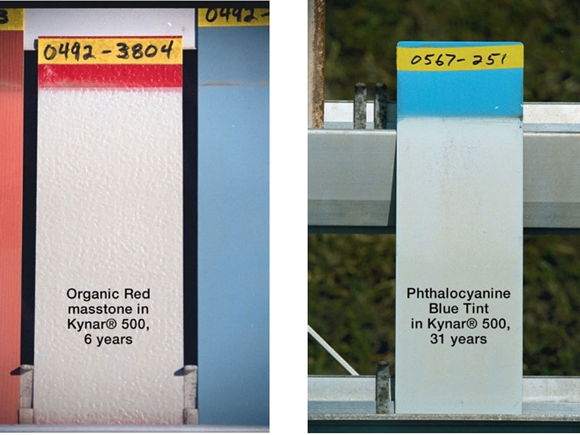Titanium dioxide tinted with organic pigments in PVDF/acrylic in South Florida exposure. (Photos courtesy of Arkema).