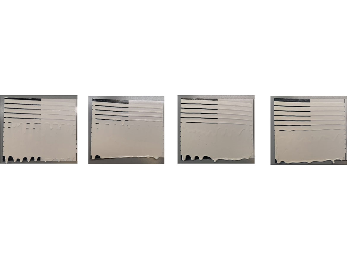Reference primer (far-left), LS-based primer (centre-left), MFC-based primer (center-right), LS- and MFC-based primer (far-right) sag-resistance drawdowns on film-laminated Byko-Charts 2852 (ASTM Standard D4400:18).