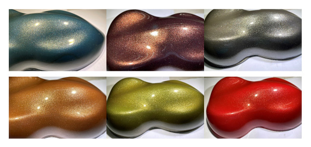 Shapes painted using an automotive formulation using KinCoat pigments.