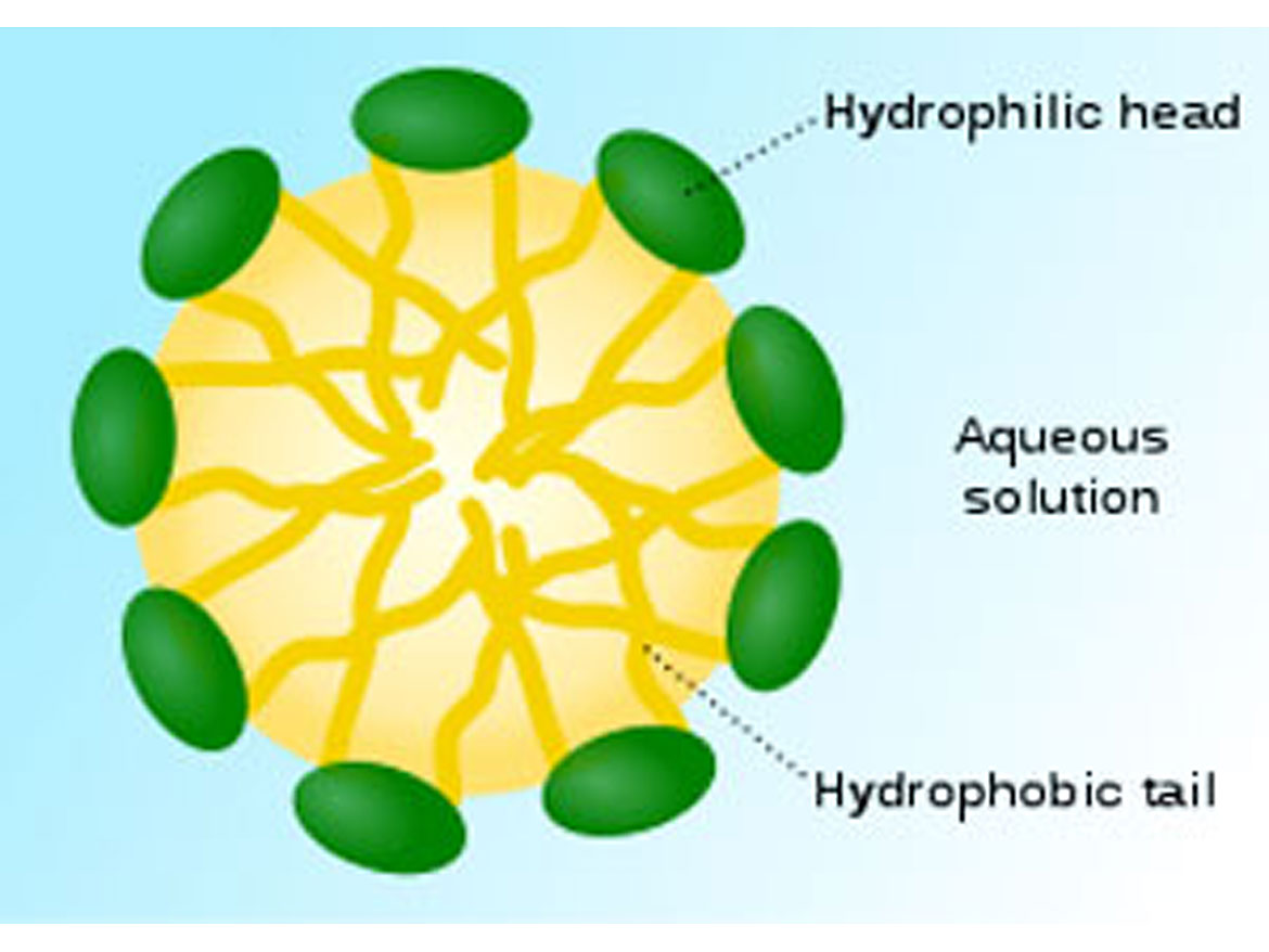 Structure of a surfactant micelle, where hydrocarbon chains are oriented inwards and hydrophilic polar (green) groups are at the surface.