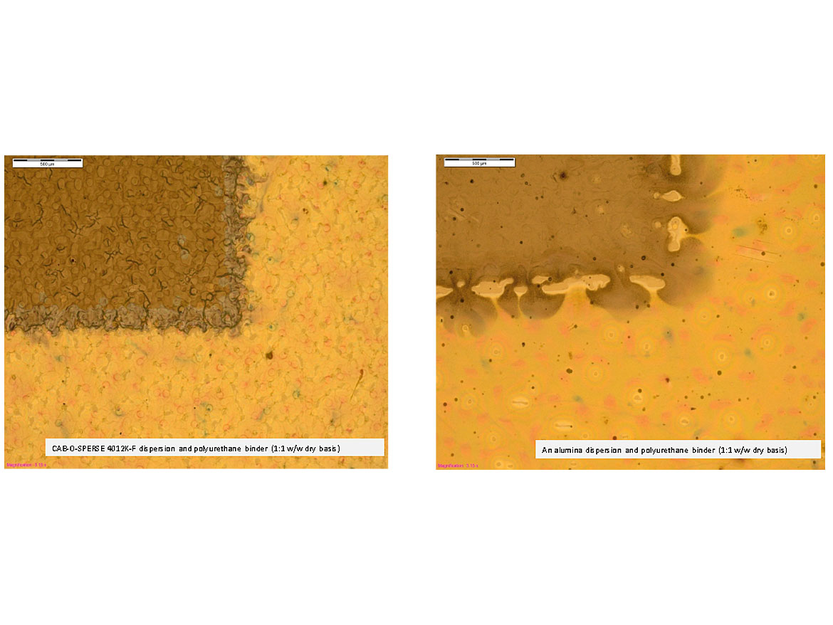 Black to yellow intercolor bleed image under microscope. Scale bar is 500 μm.