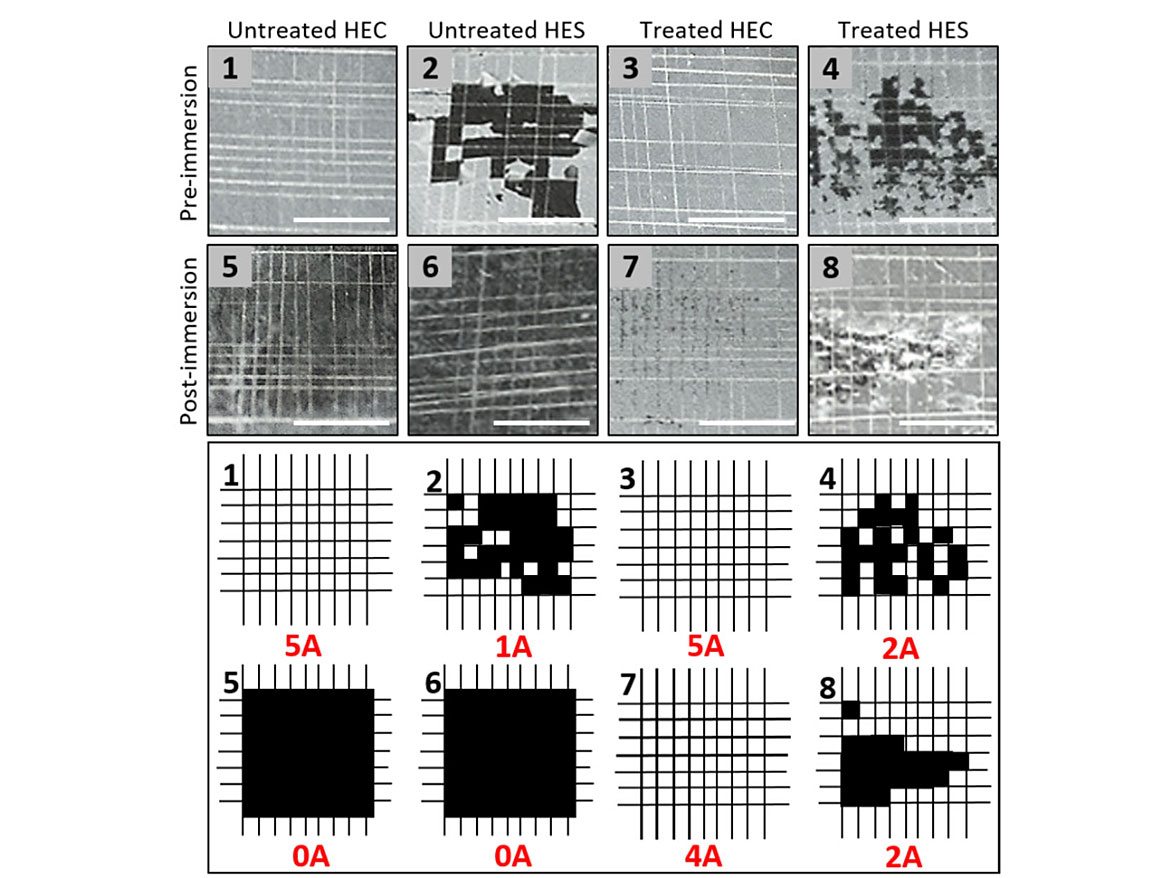 Crosshatch adhesion test of HEC and HES coatings with silica nanoparticles, and corresponding cartoons of the result. Coatings with and without silane treatment were tested, in addition to water immersion conditions.