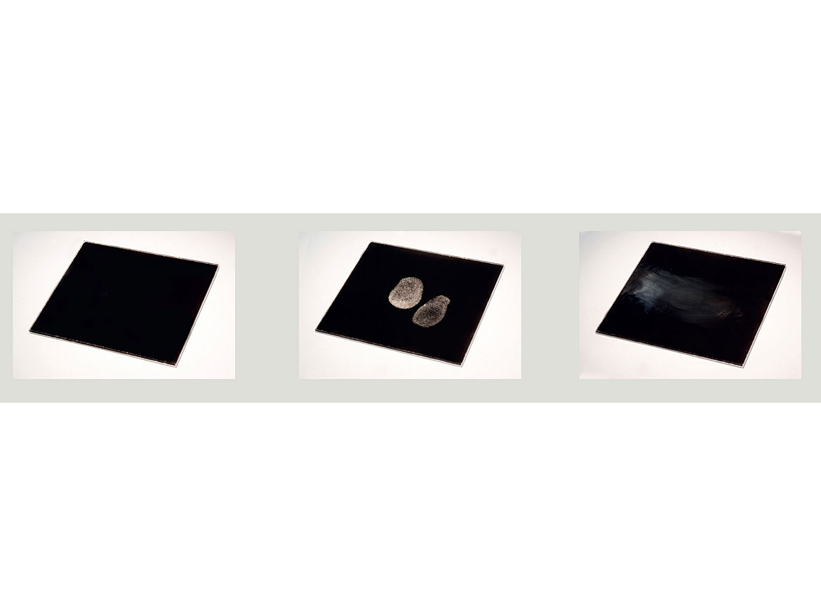 Comparison of a coated panel without and with fingerprints and following inadequate cleaning (from left to right).