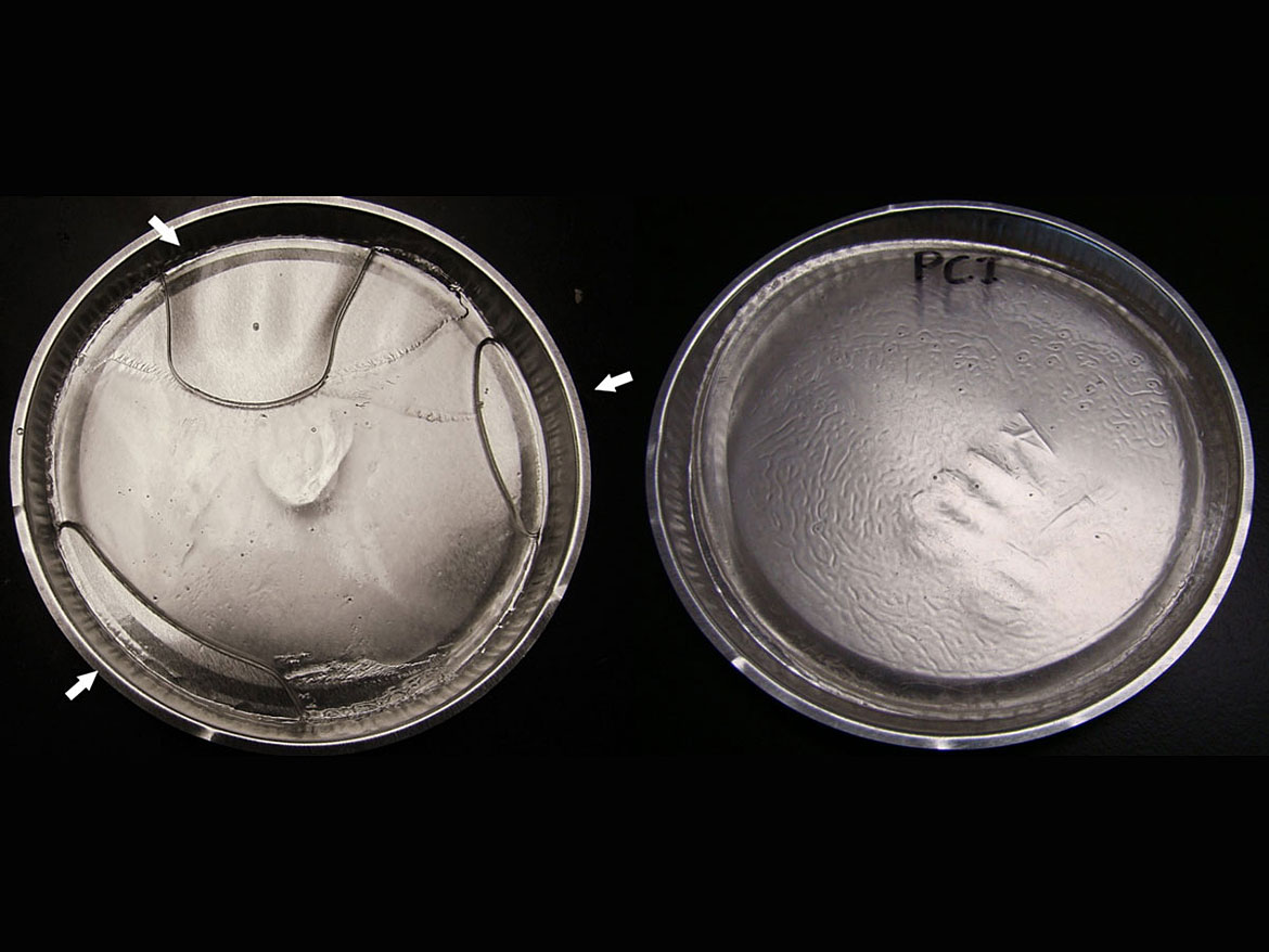 Example of films resulting from equally irradiated resin formulations utilizing benzophenone-based initiator systems with (right) and without (left) the novel synergist.