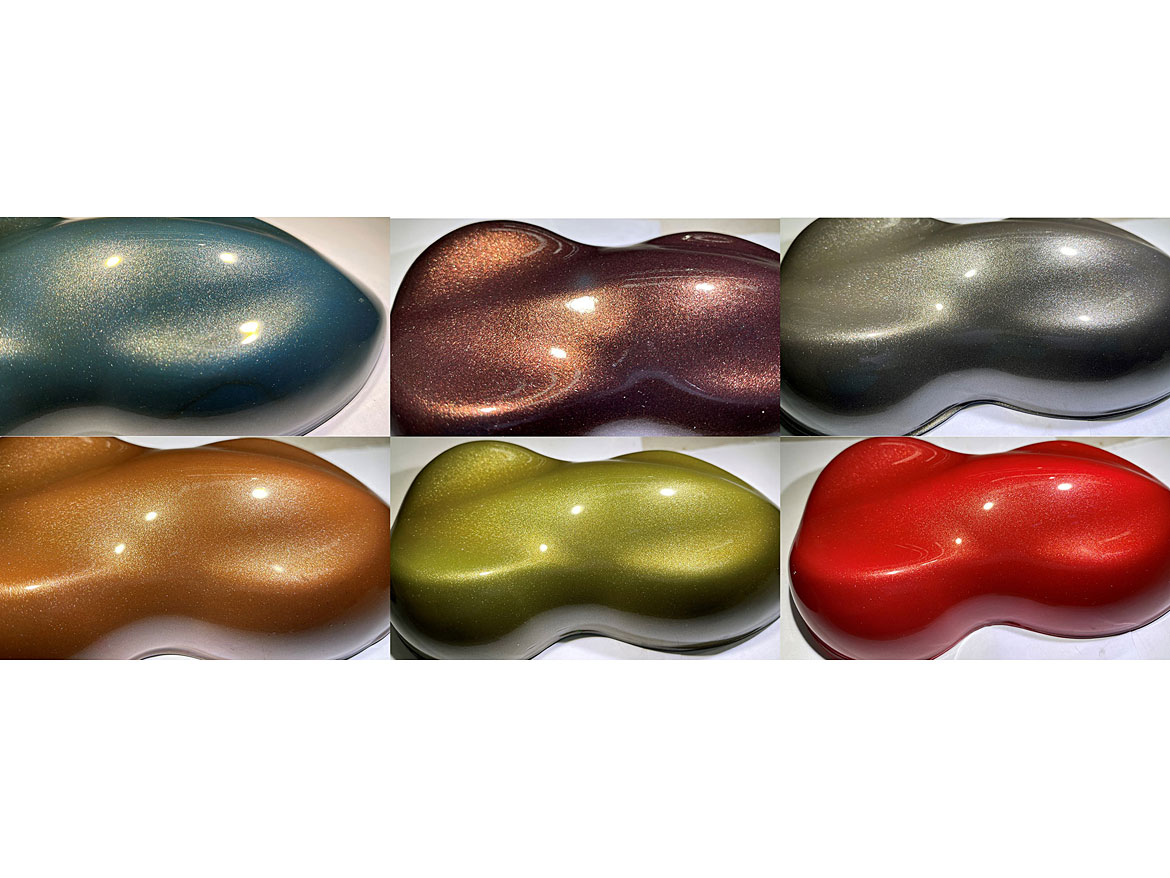 Shapes painted using an automotive formulation using KinCoat pigments.