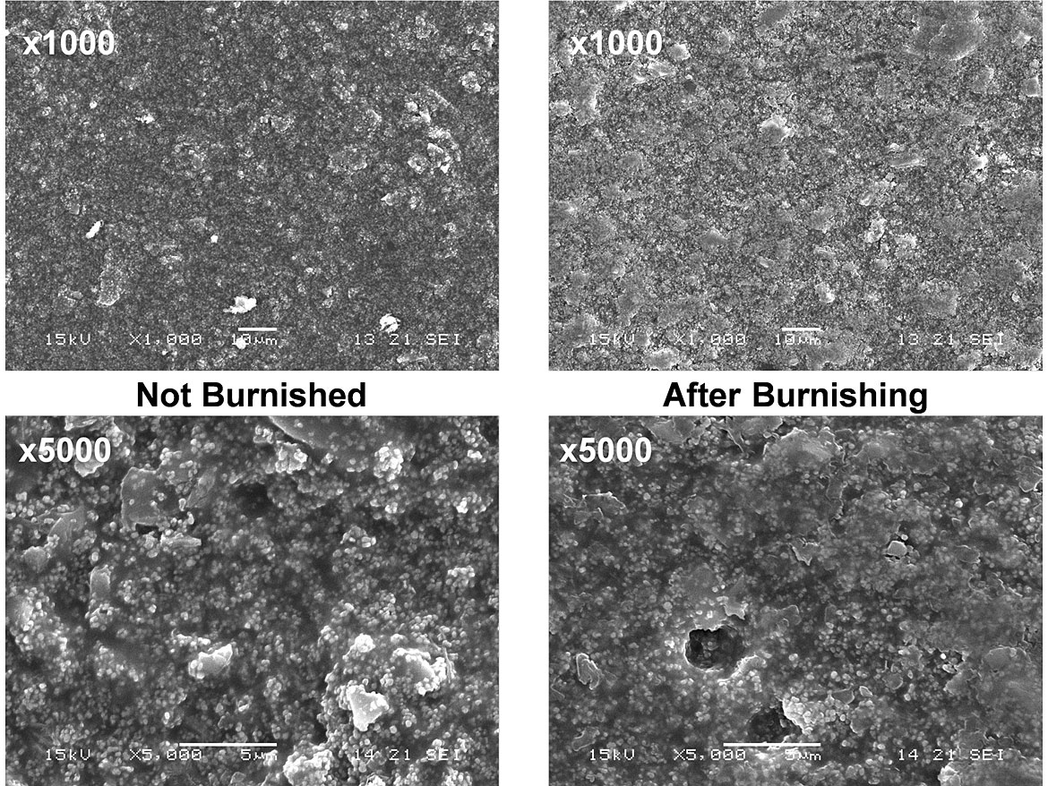 Scanning electron micrographs of VAE eggshell paint containing nepheline syenite of 2.5 μm median particle size before and after burnishing.