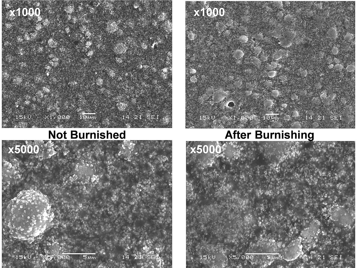 Scanning electron micrographs of VAE eggshell paint containing spherical precipitated silica of 4 μm median particle size before and after burnishing