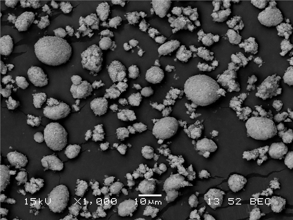 Scanning electron micrograph of spherical precipitated silica of 5.5 μm median particle size.