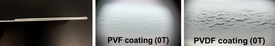 Metal bent under T-bend testing 0T (Left), high magnification imaging of PVF coating at 0T without showing cracks (Middle), PVDF coating at 0T showing cracks (Right)