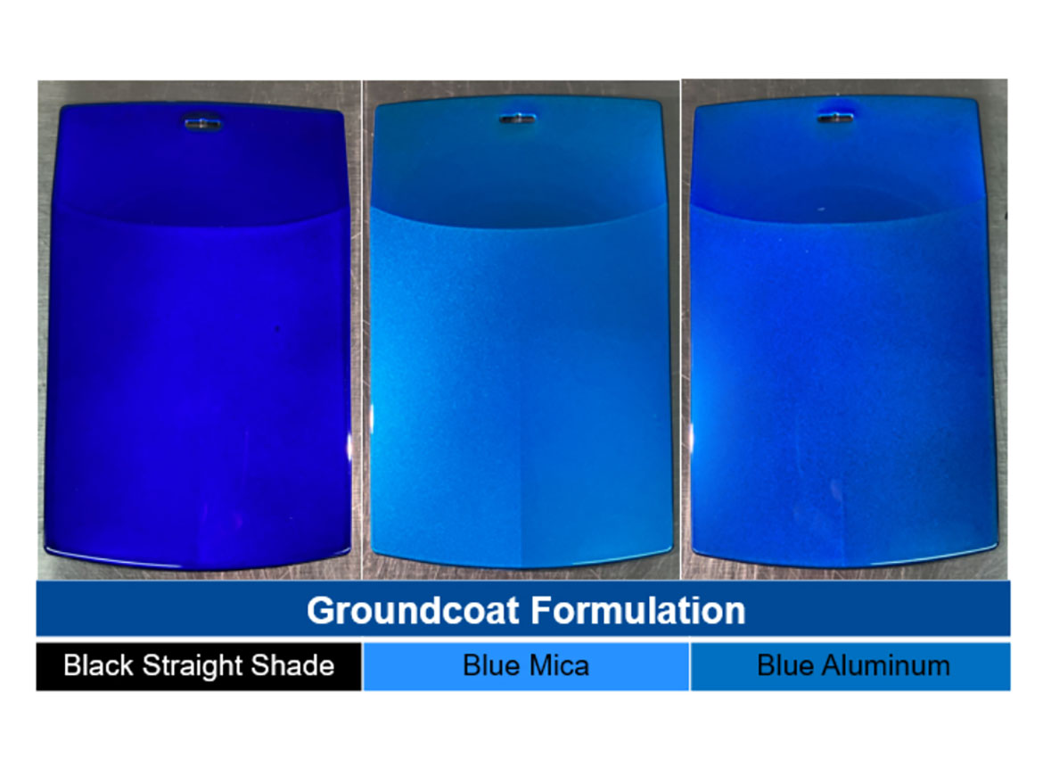 Structural color co-polymer mid-coat formulation sprayed over black, blue mica, and blue aluminum groundcoats