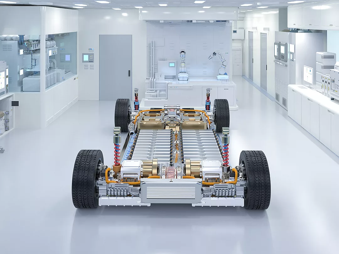 Electric car research and development with 3d rendering ev car with pack of battery cells module on platform in laboratory