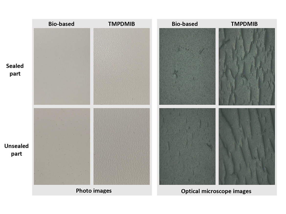 LTC evaluation for a pure acrylic semi-gloss paint formulated with different coalescents, bio-based and TMPDMIB, at same dosage — photos with zoom and images generated on an optical microscope with 50x magnitude.