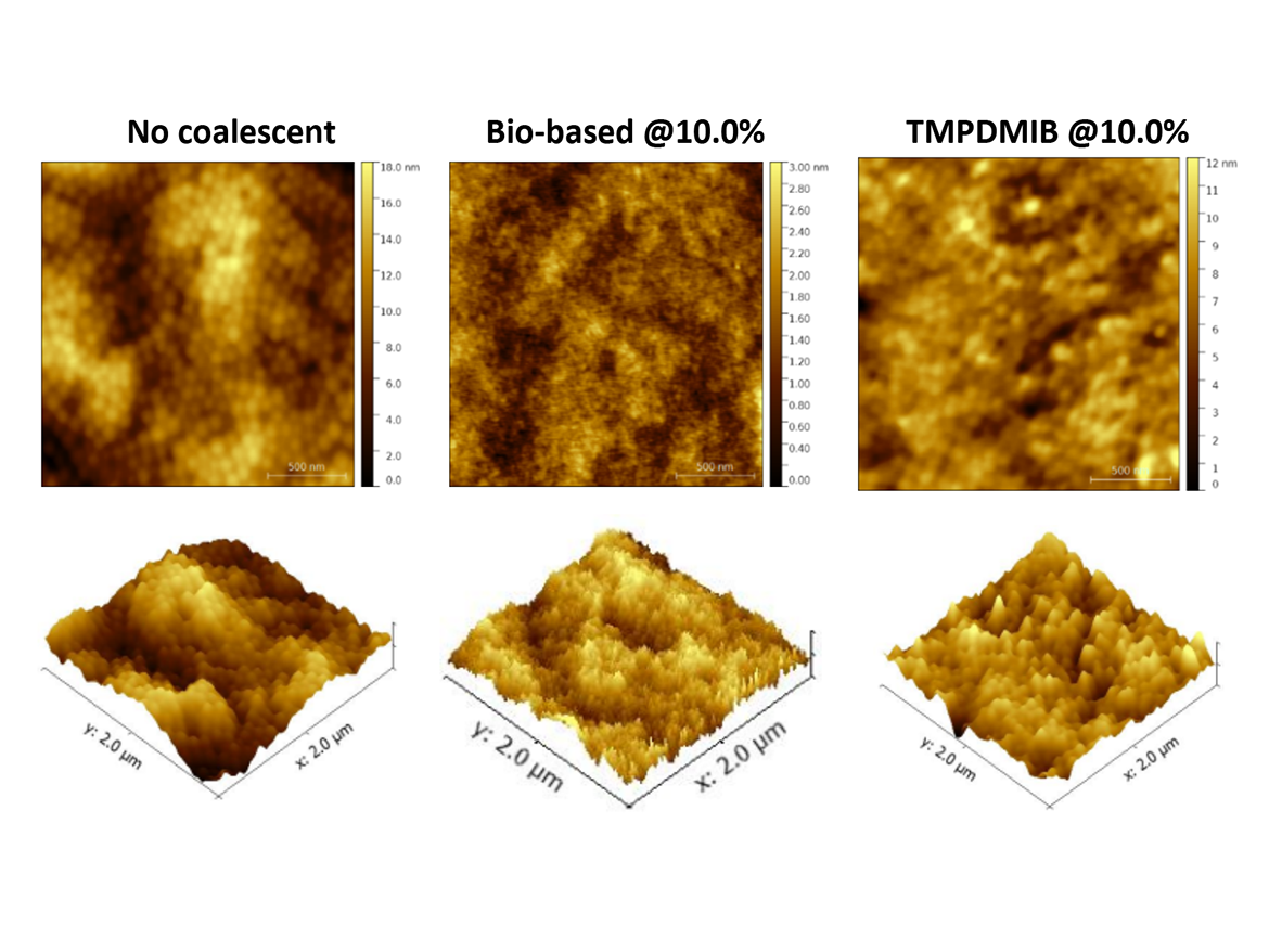 2D and 3D AFM images generated for styrene acrylic latex films.