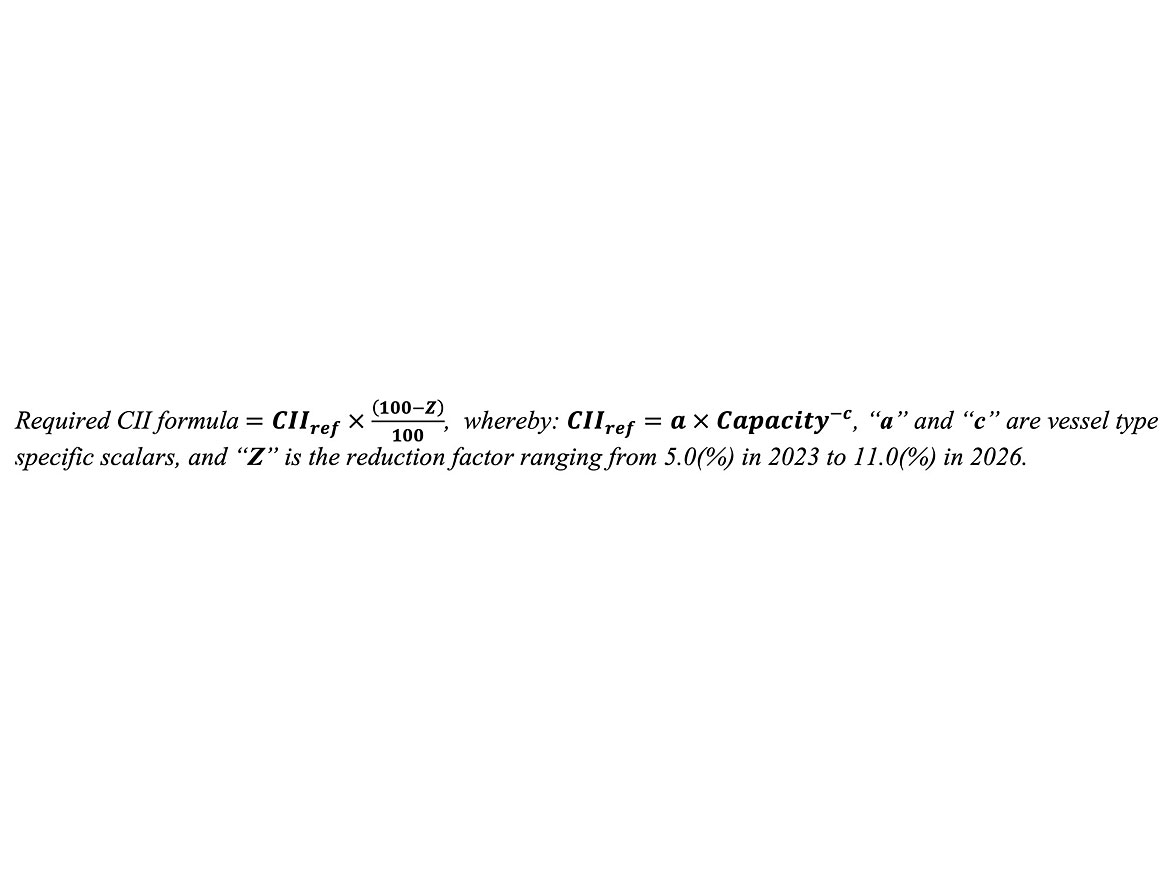 The equation calculates the required CII for ships from 2023 – 2026 relative to their 2019 reference