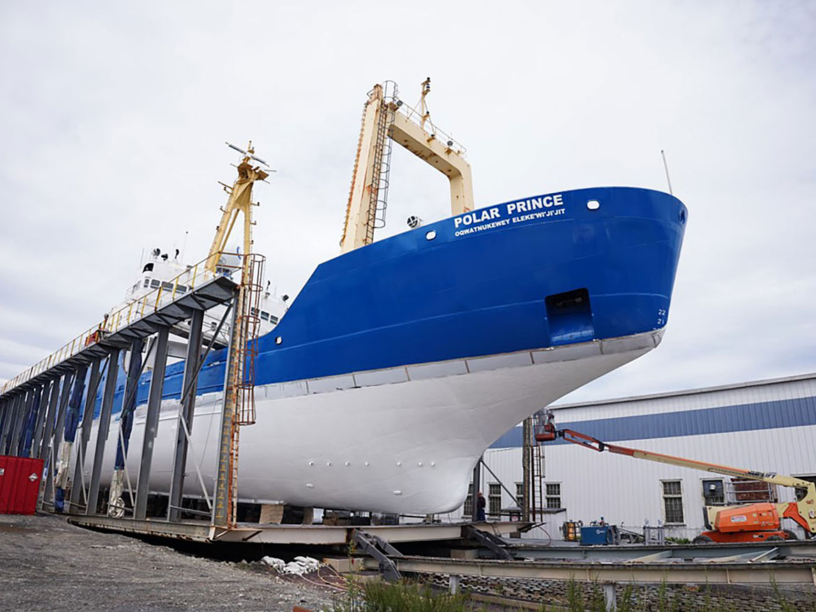 A 70-meter ice-going vessel with the freshly applied HFR product.