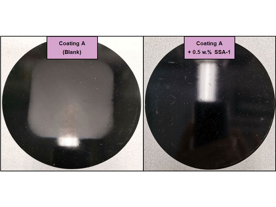 Martindale abrasion test results for the 1K-WB Blank Coating Sample A (left picture) and the 1K-WB Coating Sample A containing 0.5 wt.% SSA-1 additive (right picture). The gloss retention for the coating containing the SSA-1 additive demonstrates better abrasion resistance.
