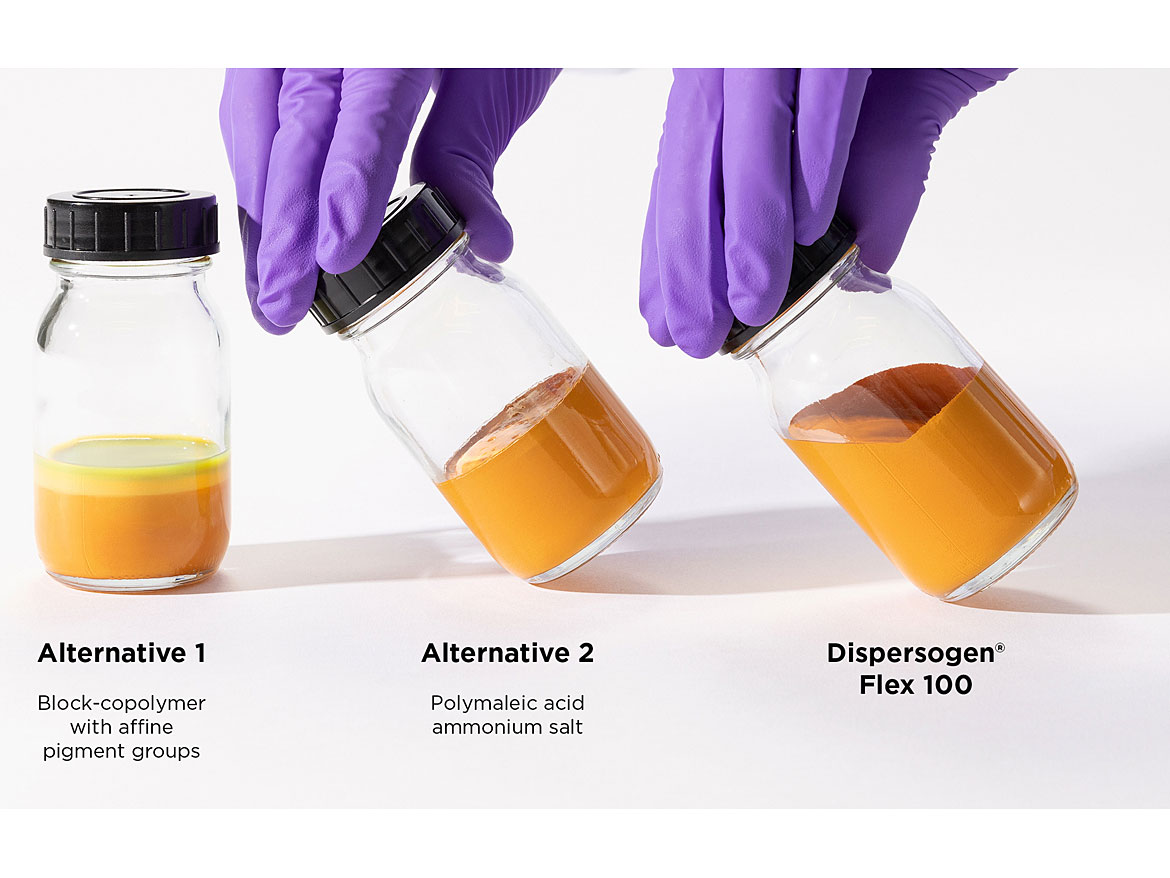 Stability test after 28 days at 50 °C of pigment preparations containing different dispersing agents.