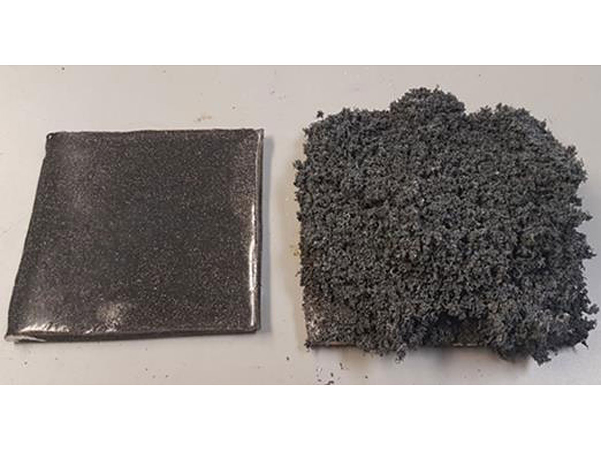 Photograph of a reactive epoxy coating incorporating GrafGuard expandable graphite on a steel substrate before and after exposure to a propane torch.