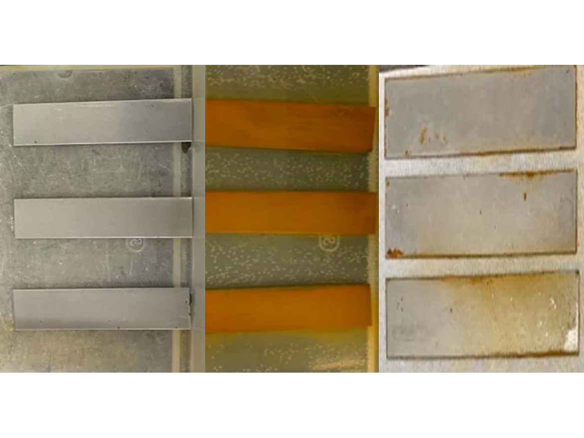Test panels immersed in water for 24 hours. Bare steel panels were immersed (left) in water. After 24 hours, bare steel panels have corroded (middle) where product A-coated panels showed improved corrosion resistance compared to bare steel.
