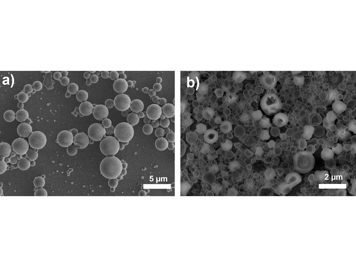 Electron micrographs of encapsulated PDMS 2000, a) unmodified PEOS, b) PEOS-PEG-10 using the rotor-stator dispersion process, utilized as combined surfactant and silica source for the encapsulations.
