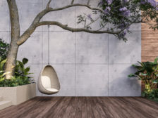 Empty exterior concrete wall with wicker swing hang on the tree 3d render,decorate with tropical style tree and landscape light