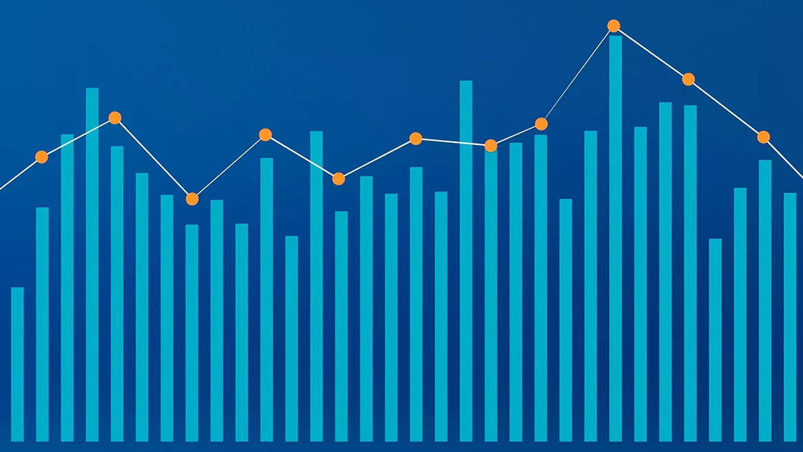 chart with falling and rising columns and line