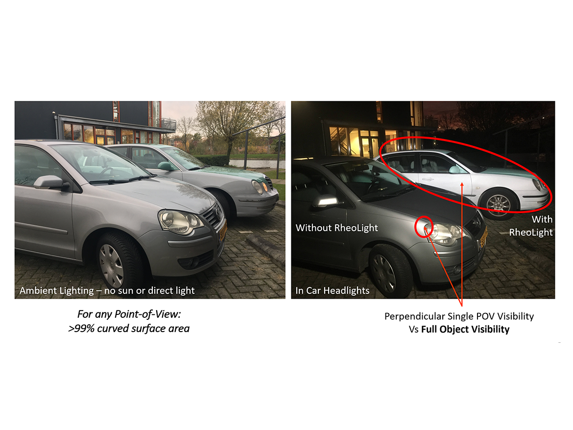 By adding crystal glass pigments to the gray color of the car at the back, increased AIPOV visibility of the gray color increases the point-of-view visibility at night of highly angled surfaces like the hood of the car and improves the contrast of thinner lines around the windows.