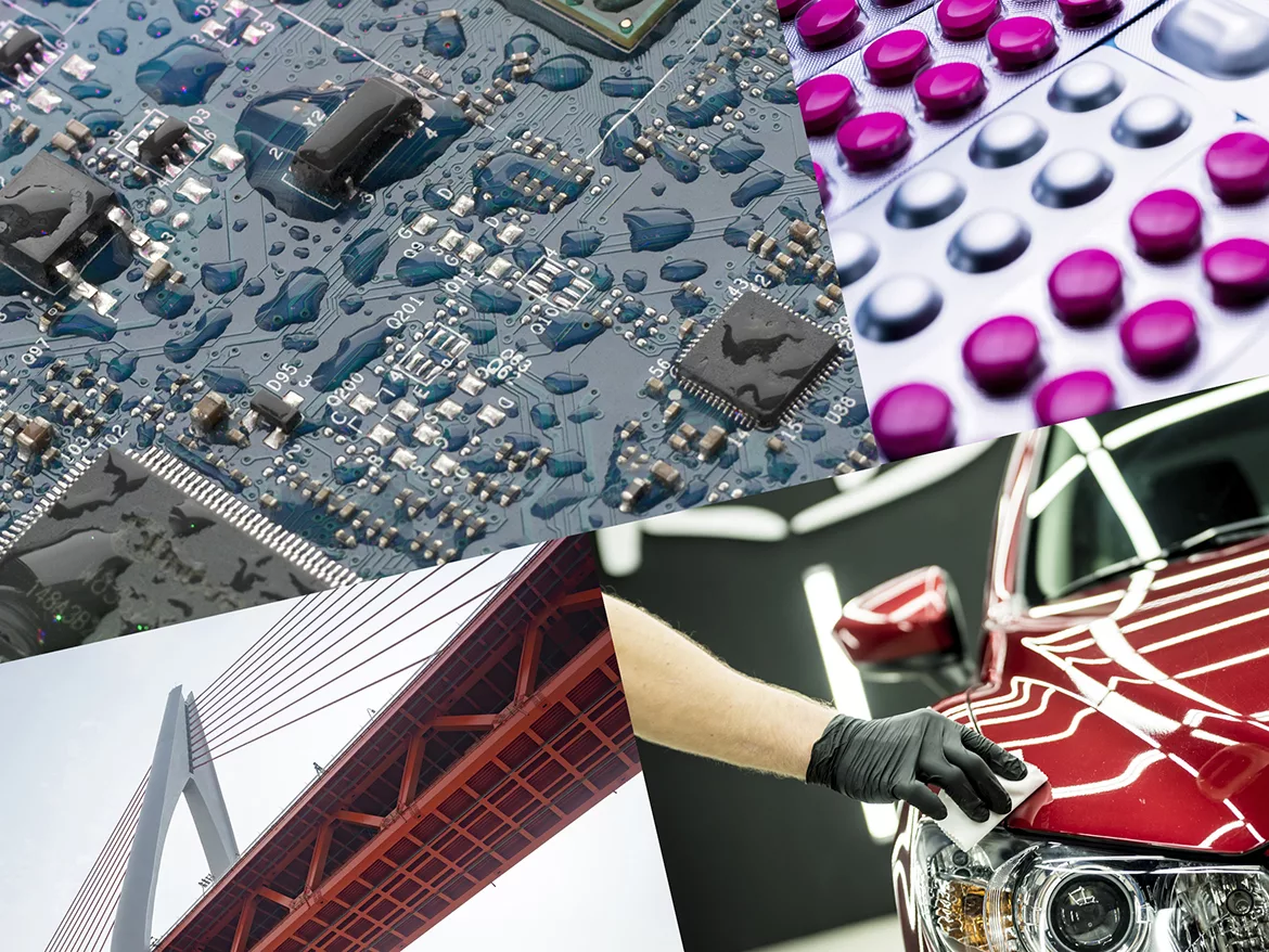 Close up computer part, the electrical circuit motherboard covered with water droplets. Selective focus