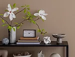 Minimalist composition of living room interior with copy space, black rack, brown wall, clock, vase with magnolia, marble bowl, books and personal accessories. Home decor. Template.