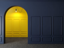 3d illustration. Classic wall of dark wood panels and yellow arch . Joinery in the interior. Background.