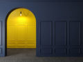 3d illustration. Classic wall of dark wood panels and yellow arch . Joinery in the interior. Background.