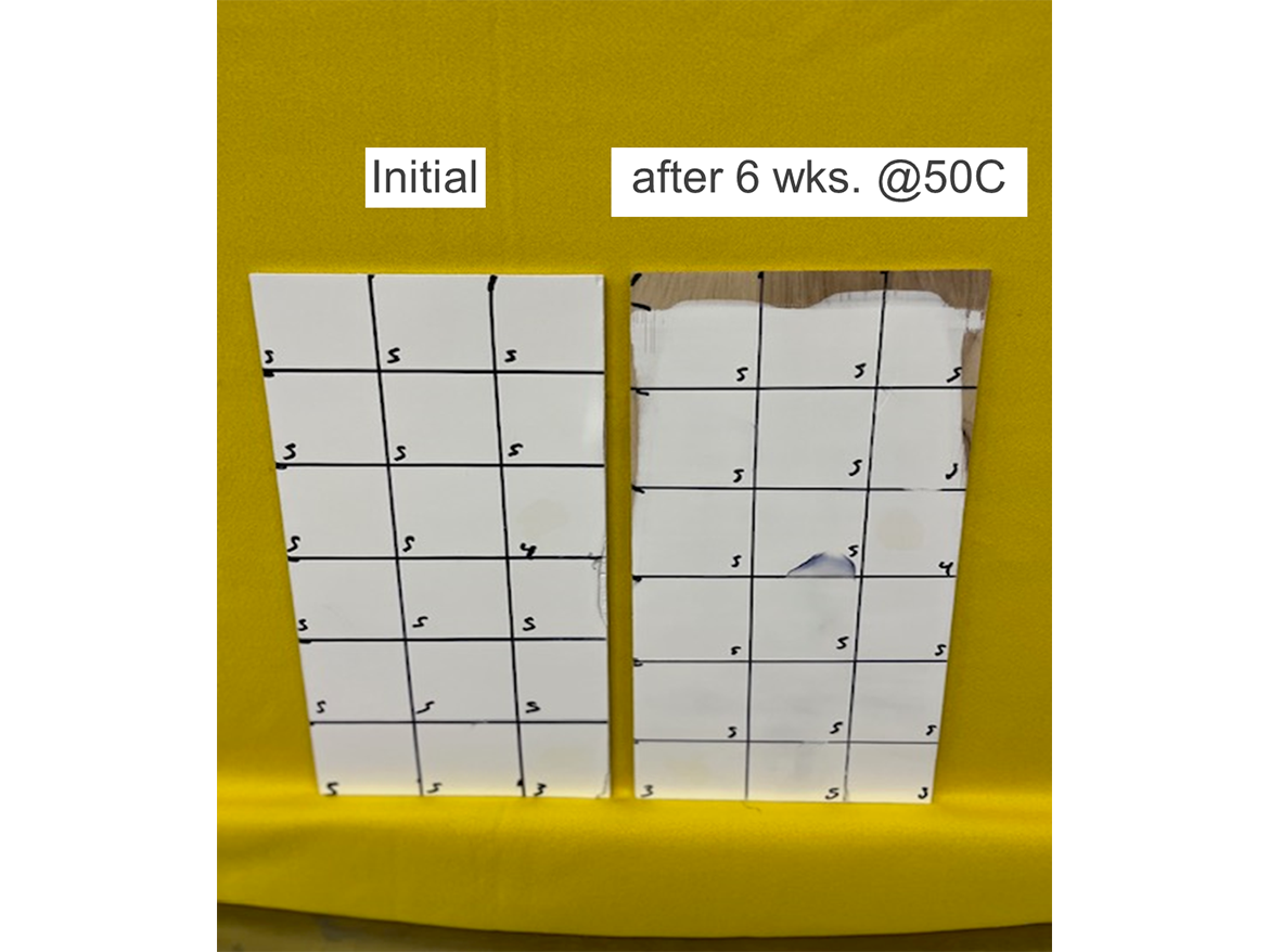 Chemical test panels for pigmented PUD #65215A.