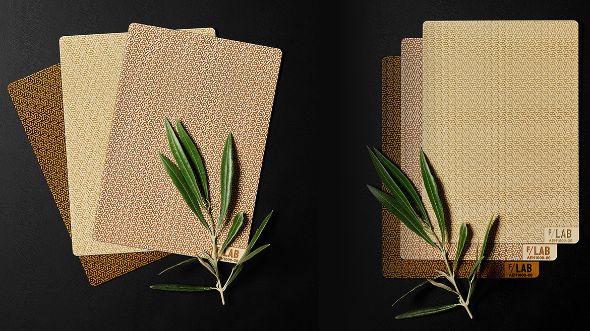 Decorative rigid laminate with customized pattern engraving and sustainable pigment finish.
