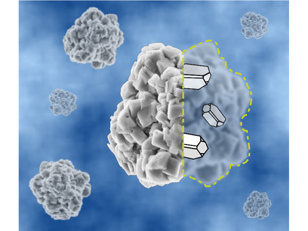 SEM/schematic of a TiO₂/PCC composite pigment.