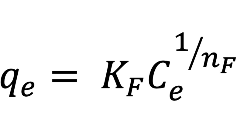 Freundlich isotherm model for multilayer adsorption on heterogeneous surfaces.