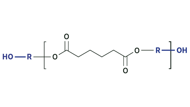 Structure of an adipate polyester polyol. “R-OH” groups highlighted in blue are diols of varying length (number of carbons), including the 5-carbon 1,5 Pentanediol.