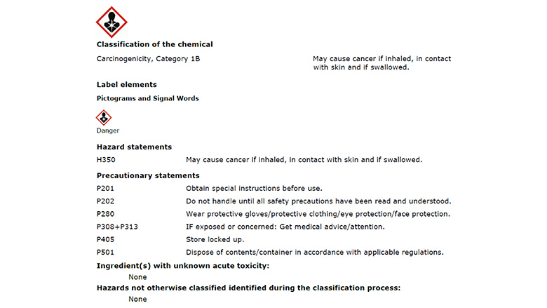 Example from SDS with the designation GHS 08 and the phrase H350