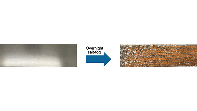 Cold-rolled steel panel (left) after overnight exposure to salt-fog cabinet (right).