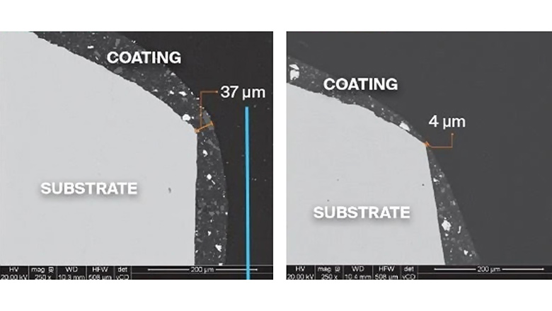 Film build comparison: Envirocron (left) vs conventional powder (right).