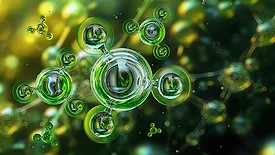 Clean energy, eco-friendly, sustainable solutions in industry. 3D green molecular illustration
