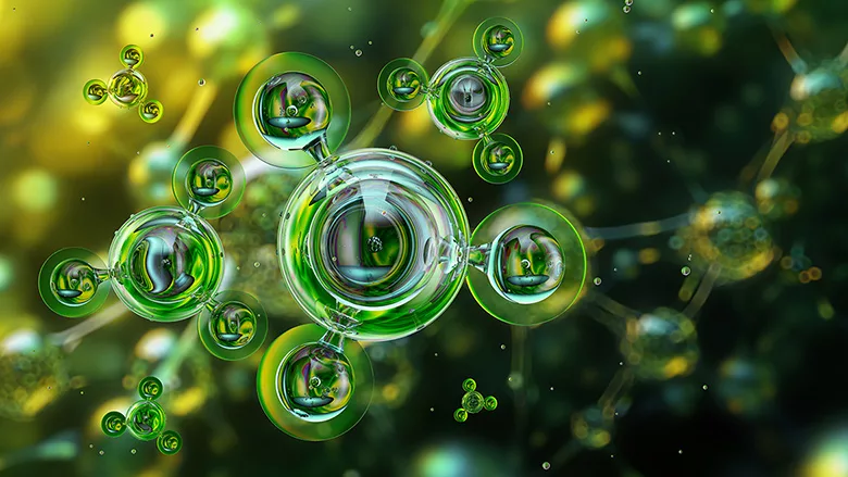 Clean energy, eco-friendly, sustainable solutions in industry. 3D green molecular illustration