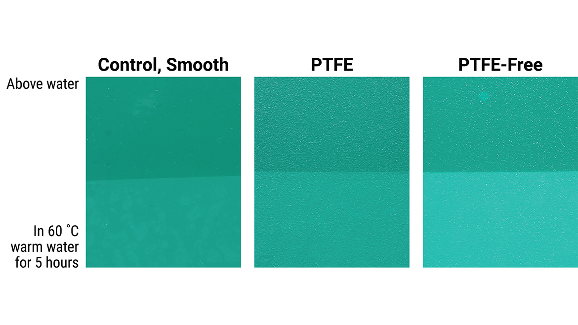 Blanching test results of the comparison between the smooth control and PTFE-based and PTFE-free texture finish. Possible higher sensitivity needs to be taken into consideration.