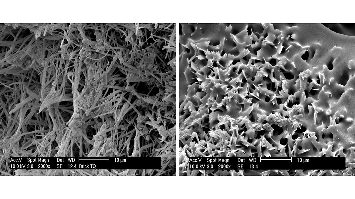 Microscopic image of filamentous substrate before and after treatment with Polymer B. Top image is untreated substrate; bottom image is coated with 50% dilution of Polymer B.